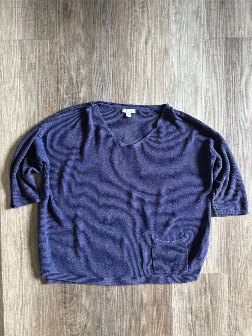J. Jill Blue Linen Blend V-Neck Ribbed Knit Sweater Medium M Pocket Top